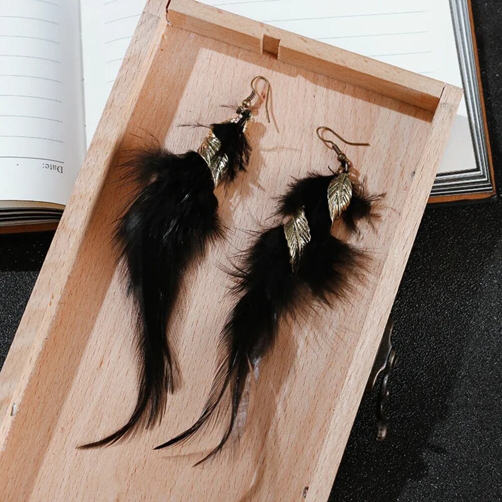 Bohemian Black Feather Drop Earrings‎ with Twisted Gold Leaf Vintage Statement